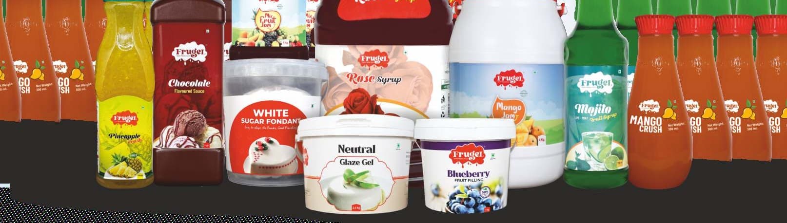 Frugel product range — glaze gels, syrups, fruit fillings and fondants